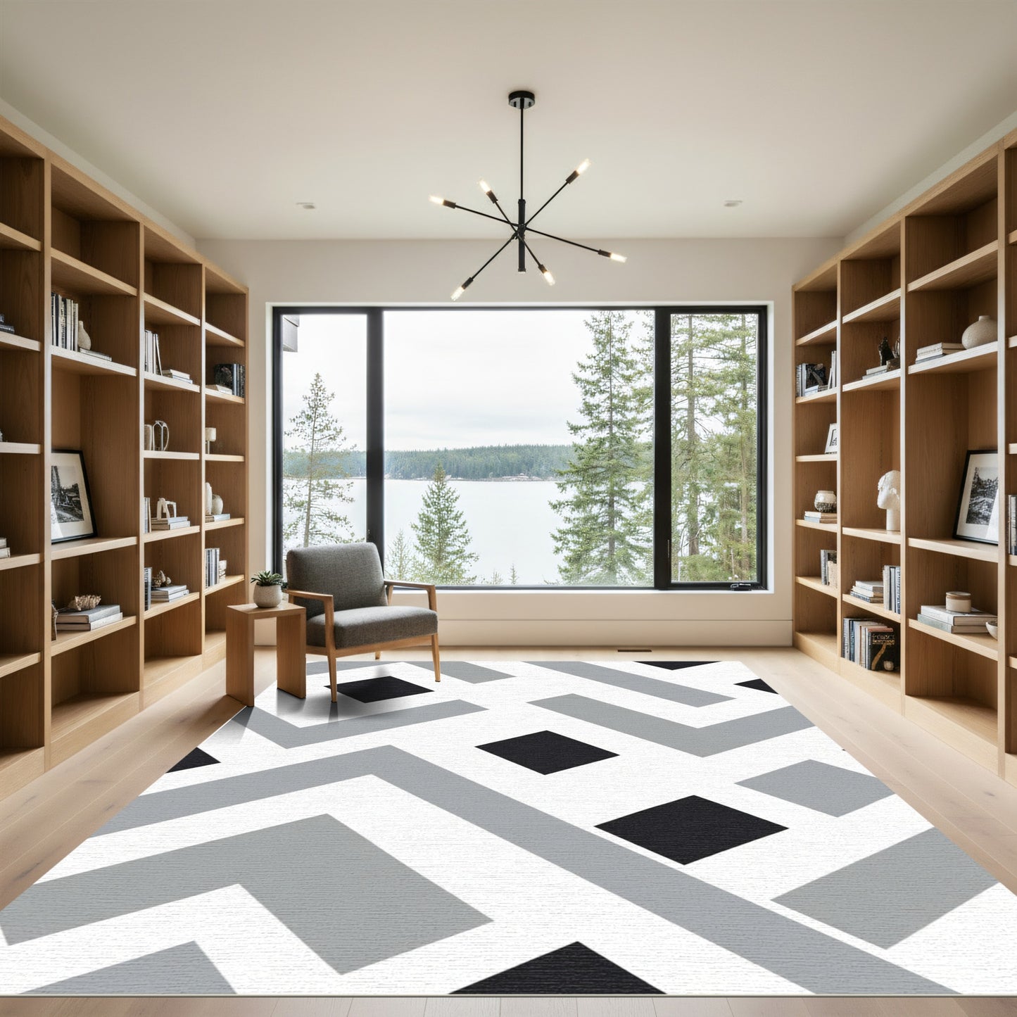 Monochrome Geometric Maze Pattern Rug