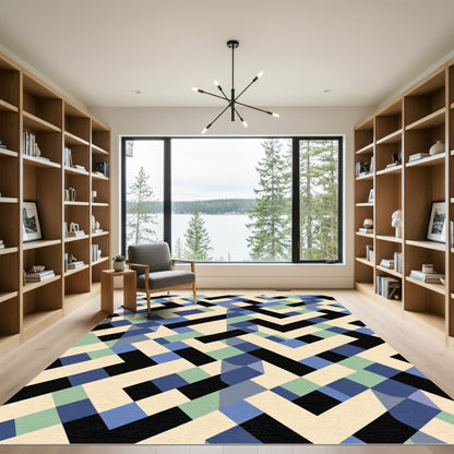 Geometric Maze Cream Blue Green Rug