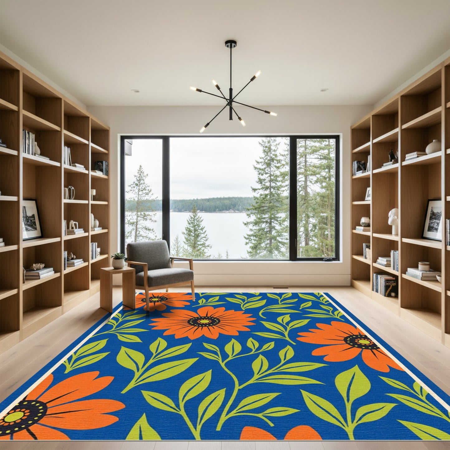 Bold Orange Floral Blue Garden Rug