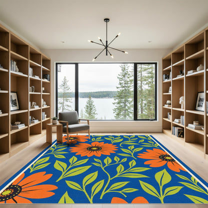 Bold Orange Floral Blue Garden Rug