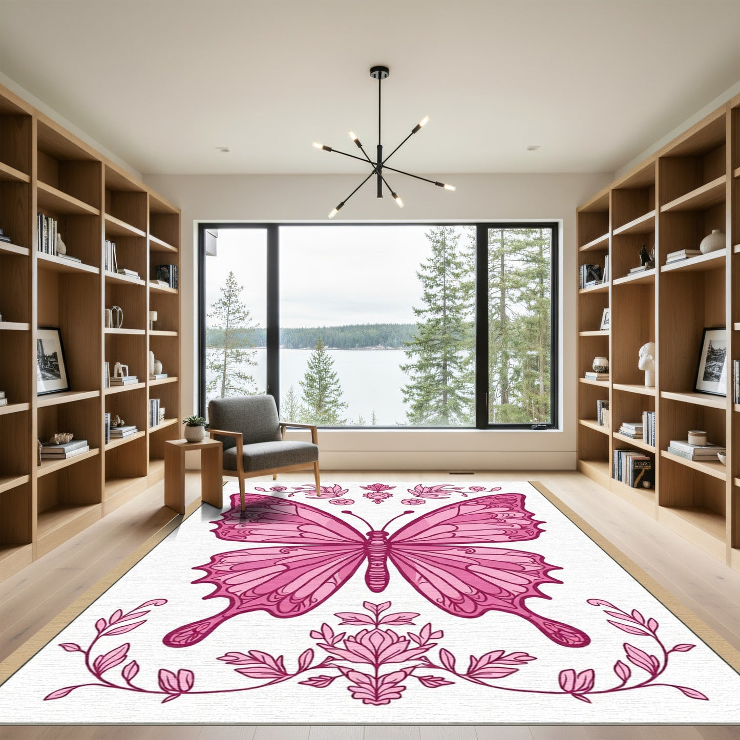 Pink Butterfly Floral Garden Art Rug