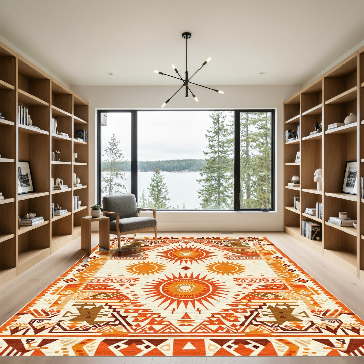 Tribal Sun Motif Orange Geometric Rug