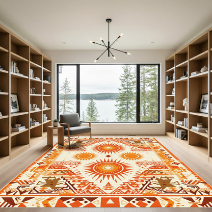 Tribal Sun Motif Orange Geometric Rug