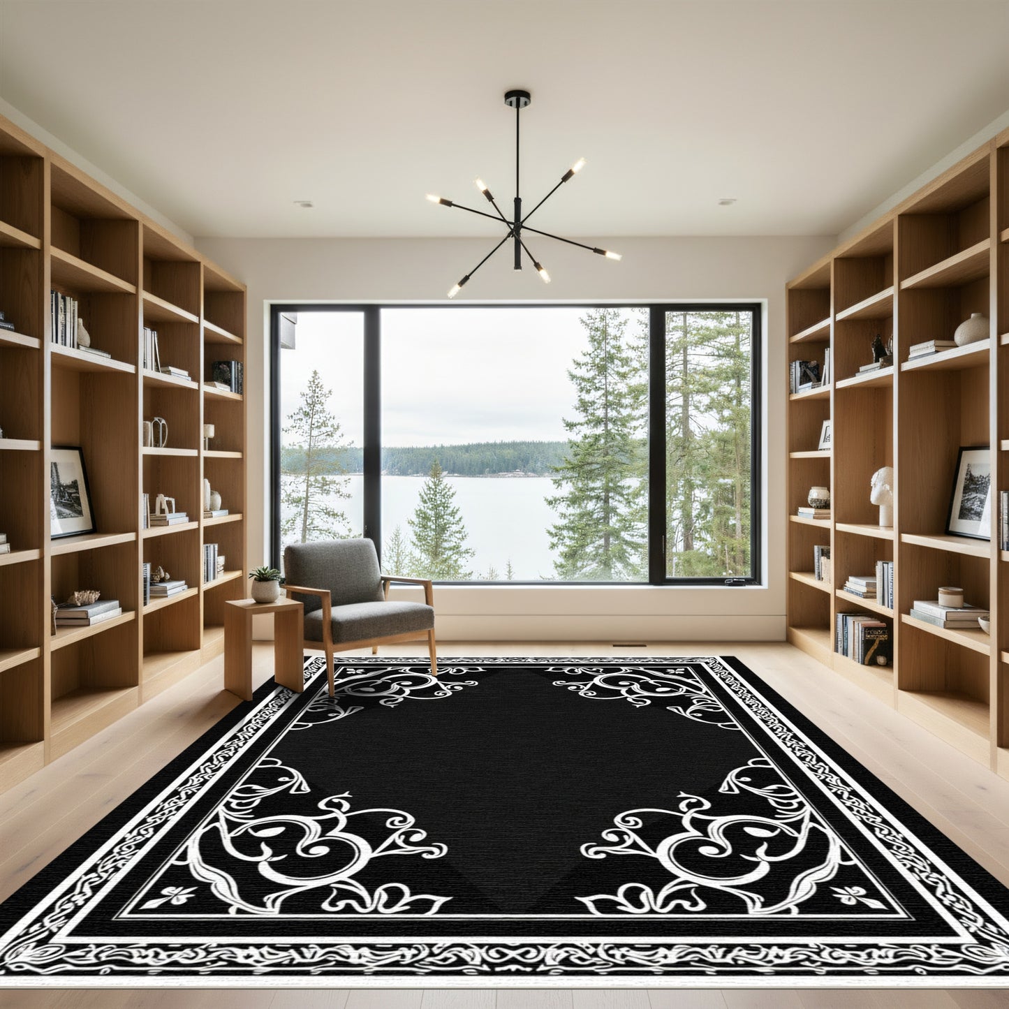 Black White Ornate Scroll Borders Rug