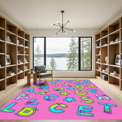 Bright Blue Green Pink Alphabet Collage Rug