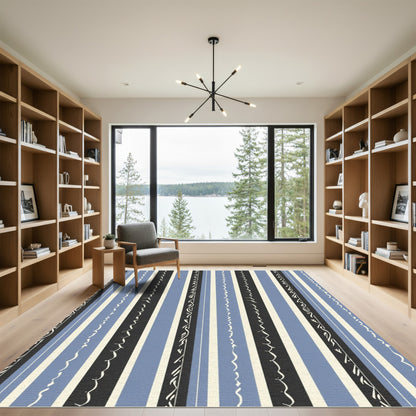 Blue Cream Black Striped Ribbon Rug