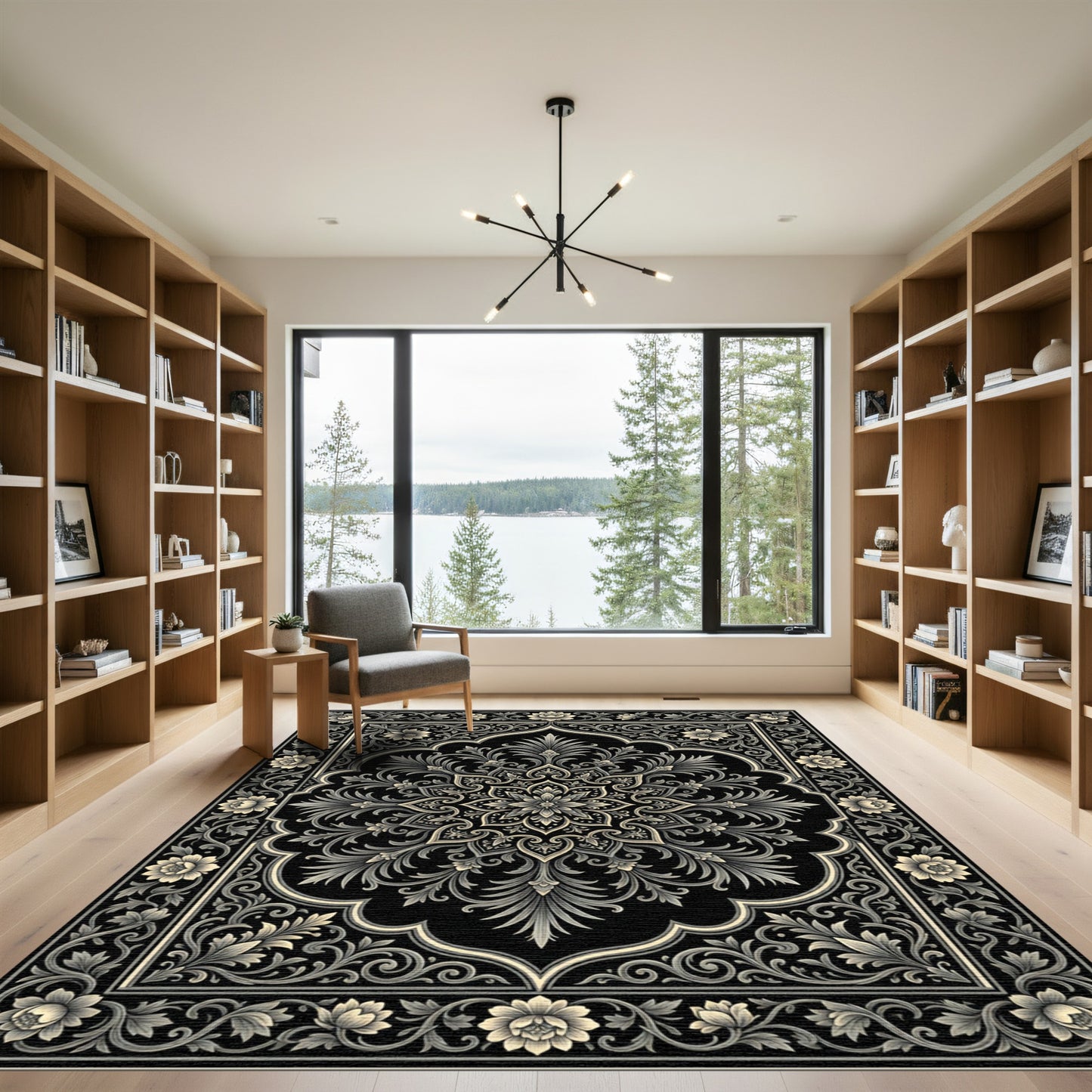 Ornate Black Floral Medallion Rug