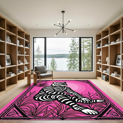Bold Pink Tiger Stripes Jungle Scene Rug