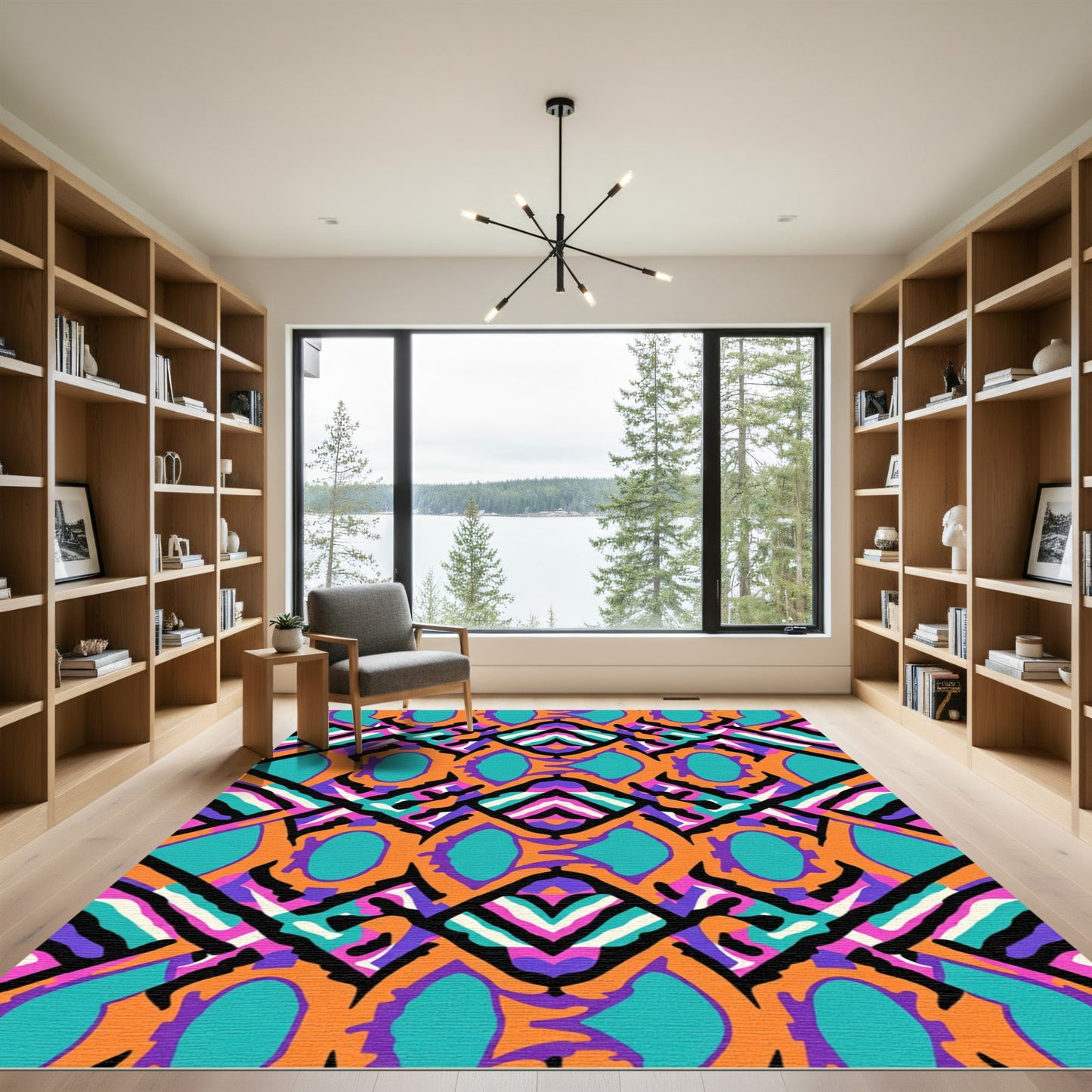 Bold Orange Teal Geometric Zigzag Rug