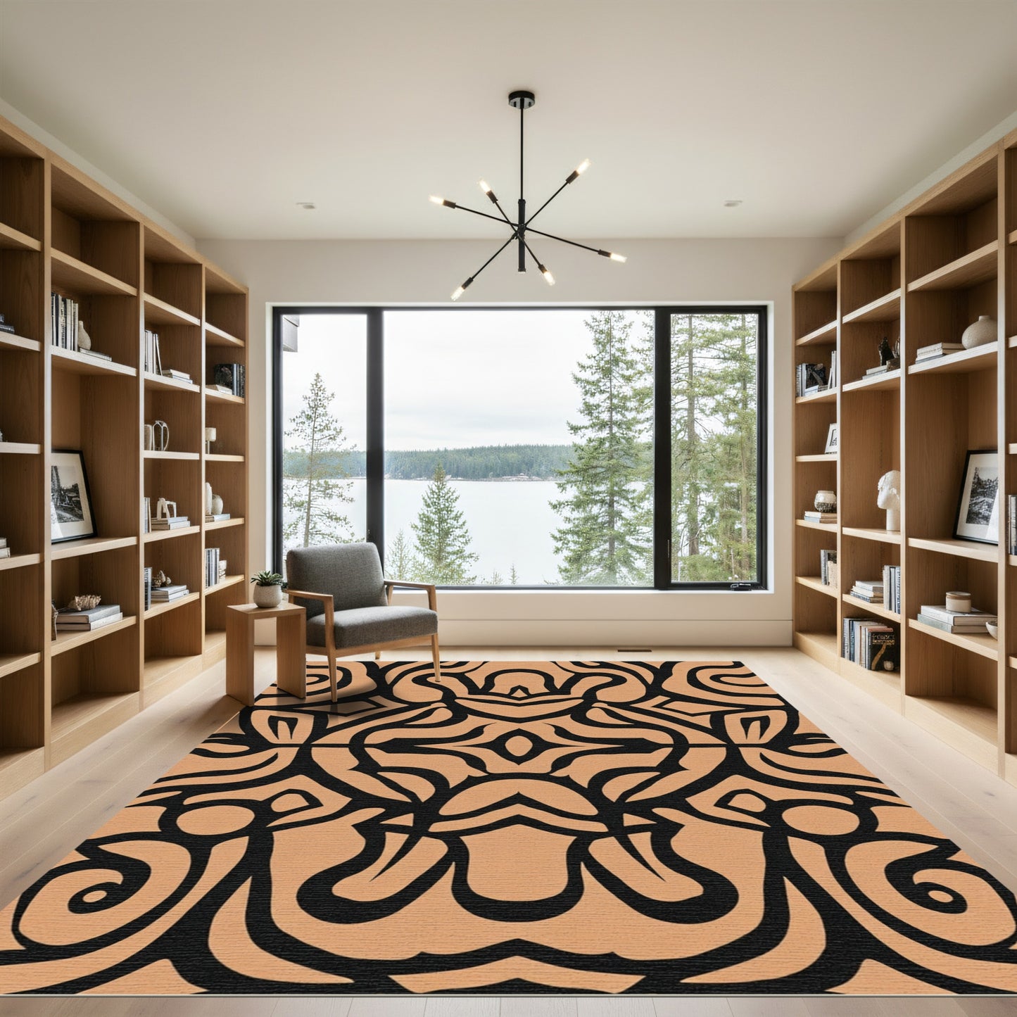 Black Tan Abstract Tribal Swirl Rug