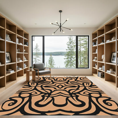 Black Tan Abstract Tribal Swirl Rug