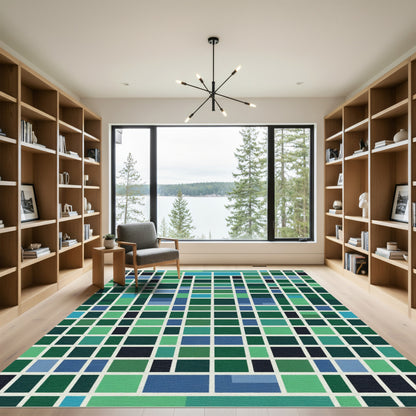 Modern Teal Blue Geometric Grid Rug