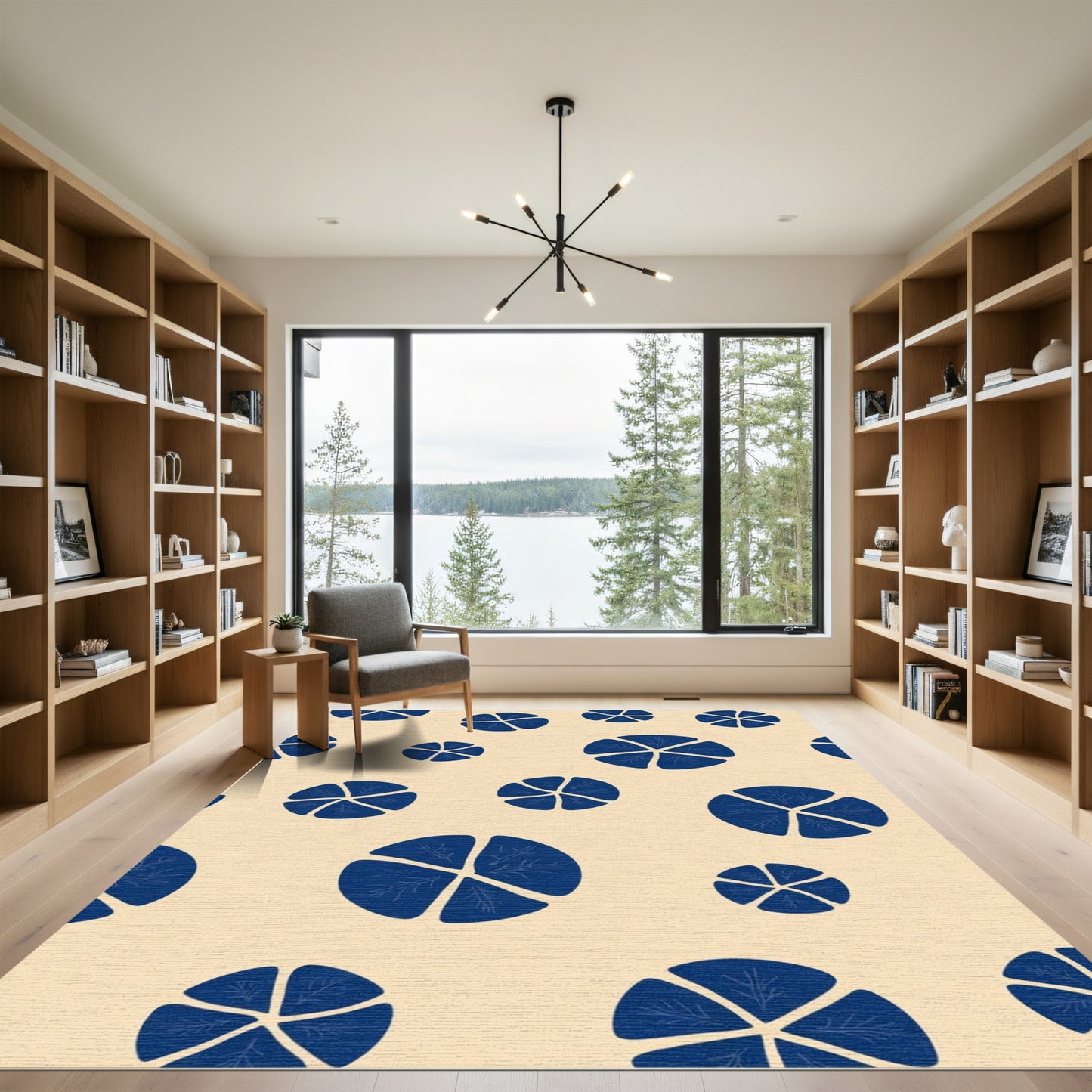 Deep Blue Circle Floral Abstract Rug