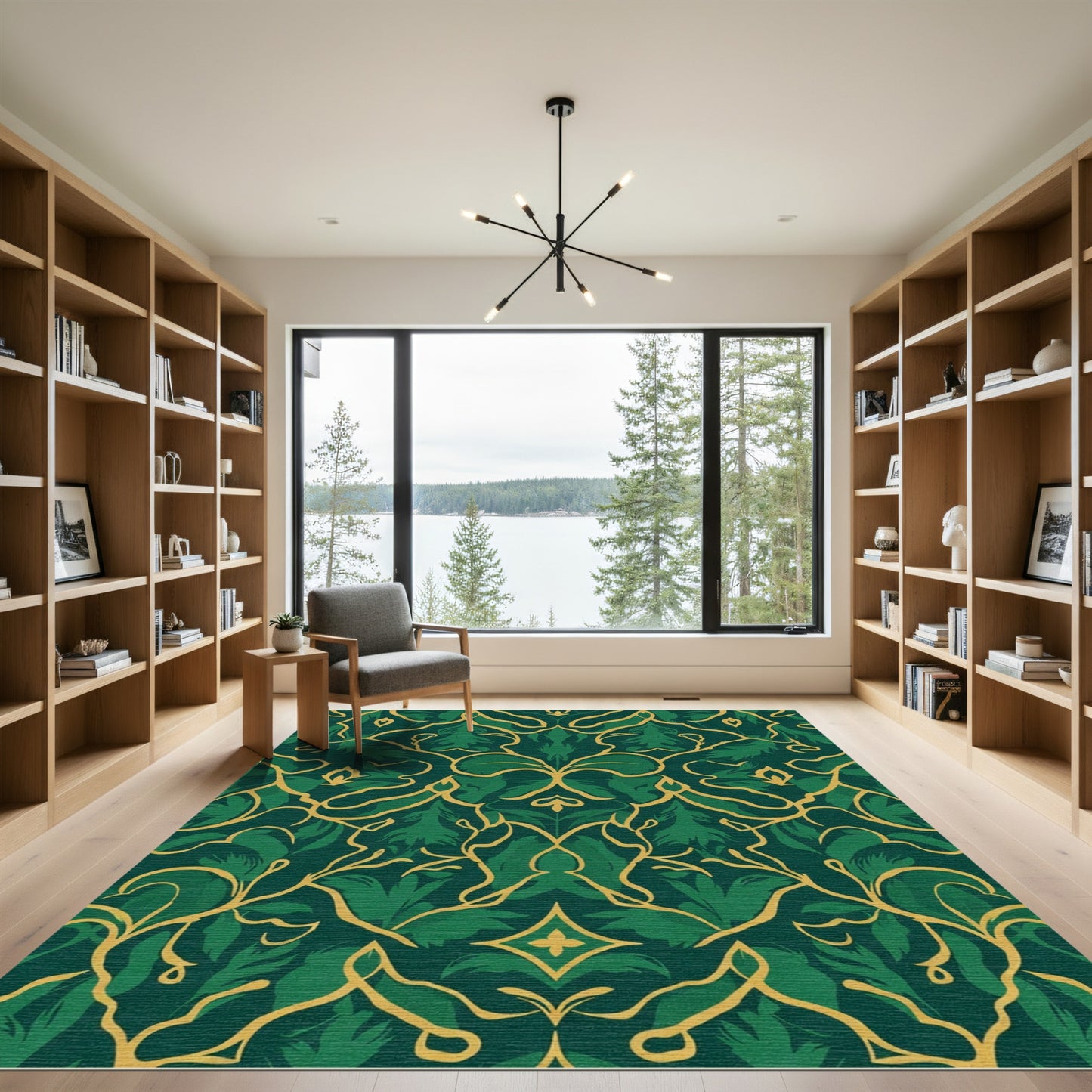 Emerald Green Golden Vine Foliage Rug