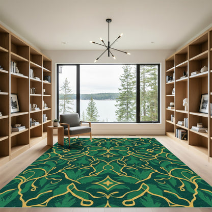 Emerald Green Golden Vine Foliage Rug
