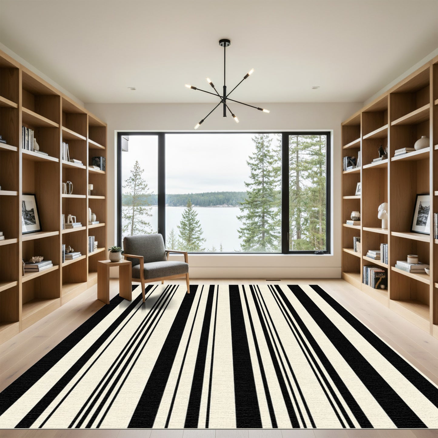Vertical Black and Cream Lines Rug