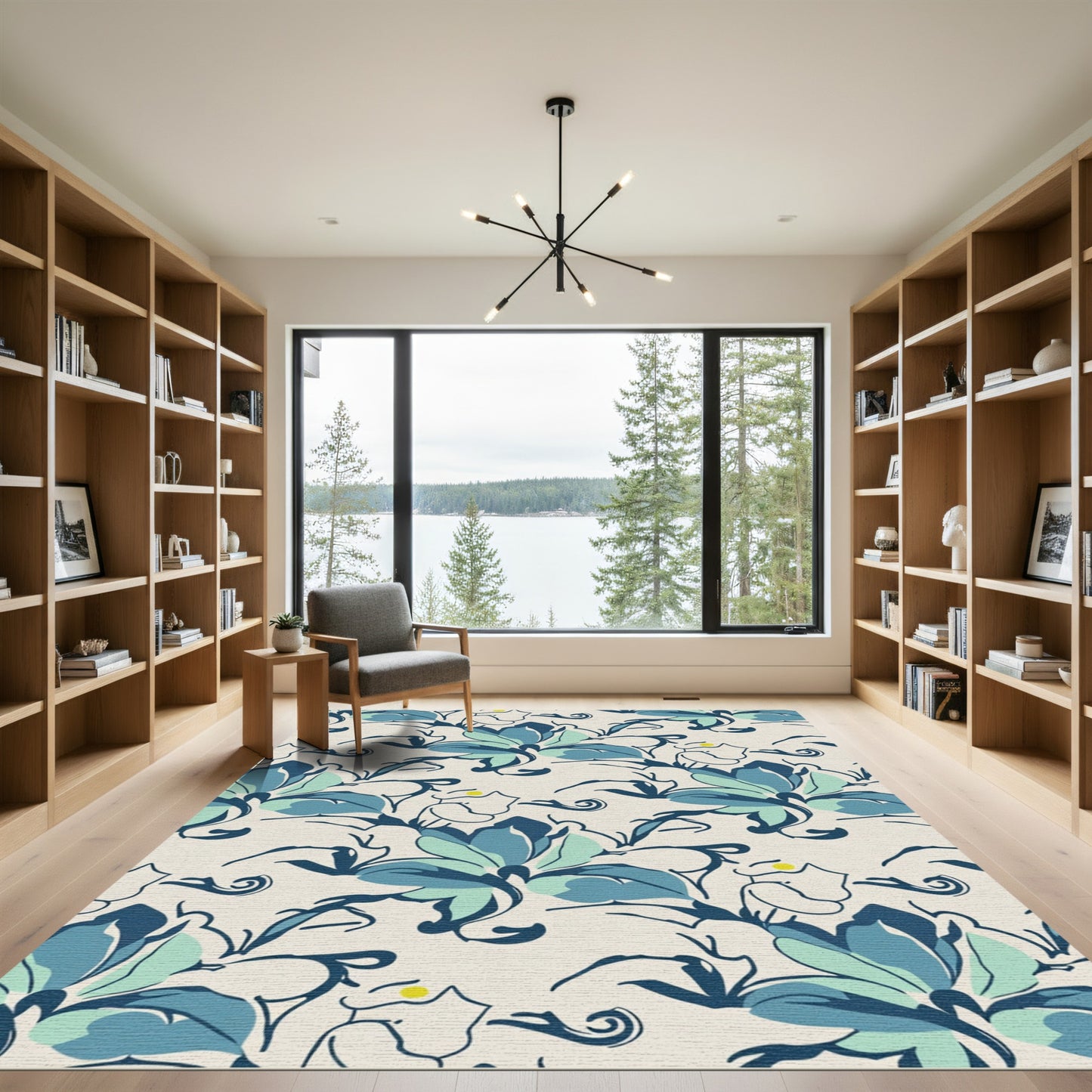Blue Teal Floral Swirl Arrangement Rug