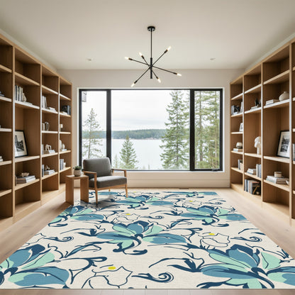 Blue Teal Floral Swirl Arrangement Rug