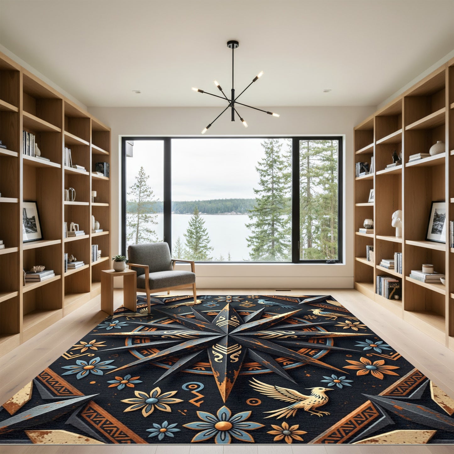 Dark Rustic Birds Floral Compass Star Rug