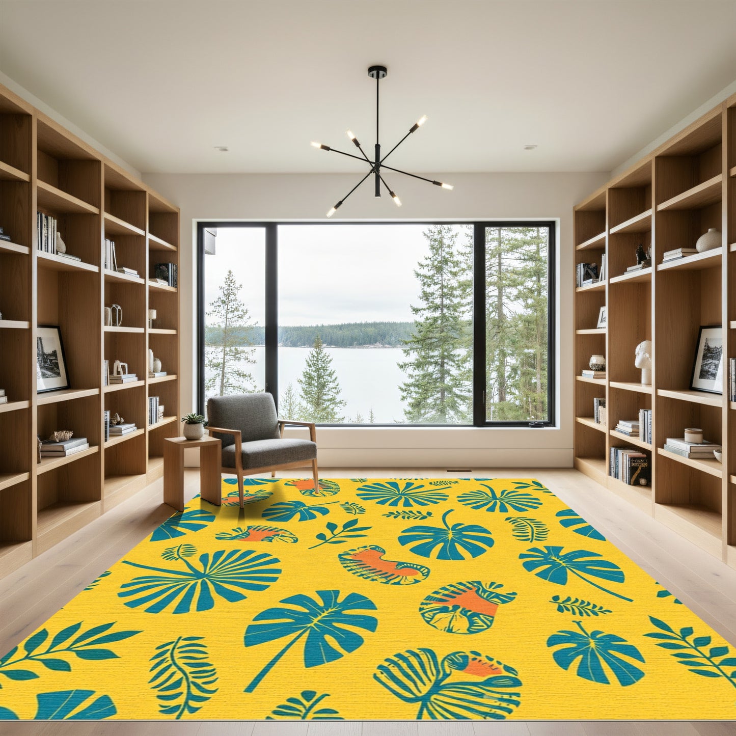 Bright Yellow Tropical Leaf Collage Rug