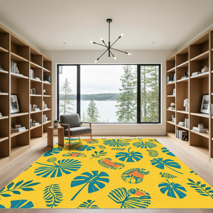 Bright Yellow Tropical Leaf Collage Rug