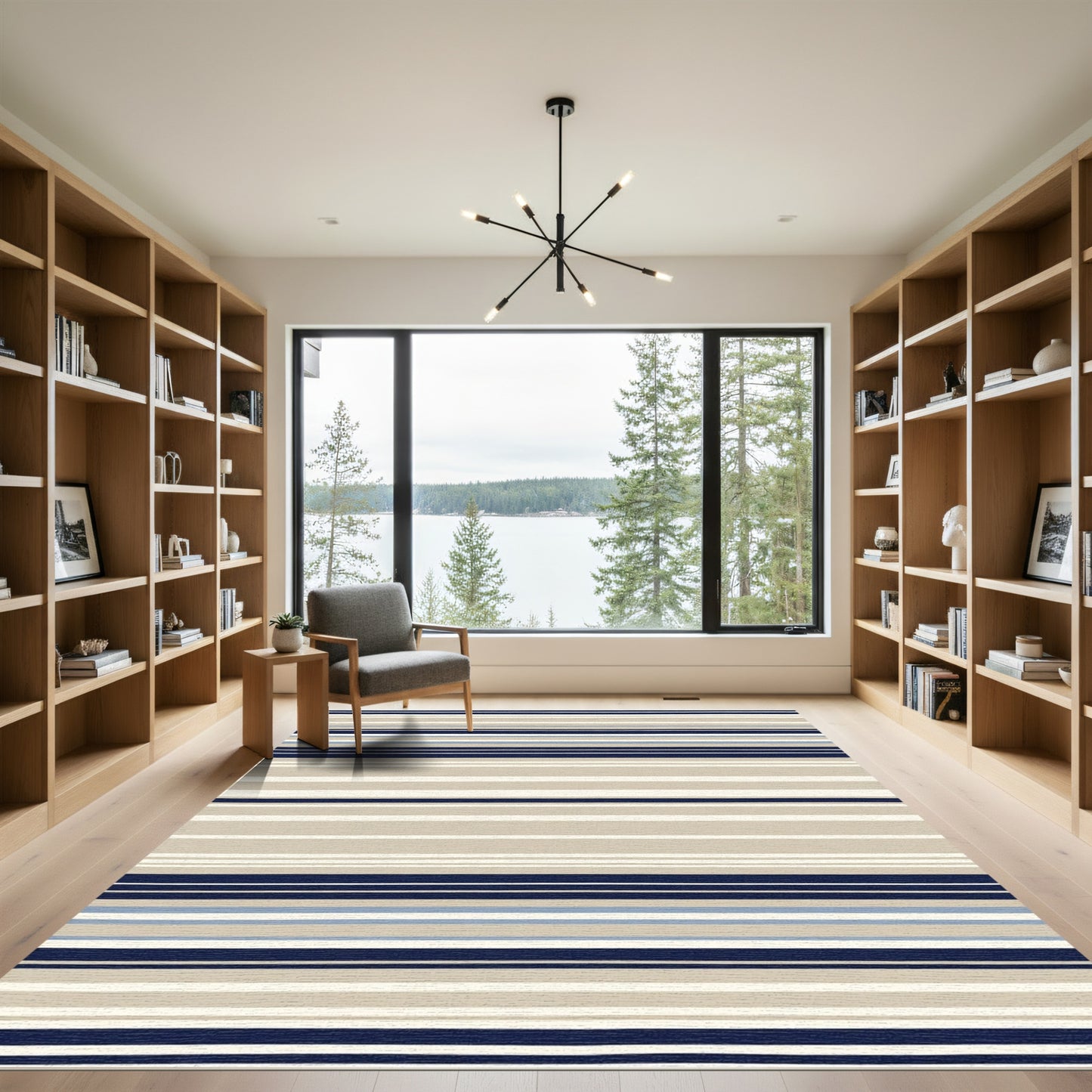 Navy Beige Blue Stripe Contemporary Rug