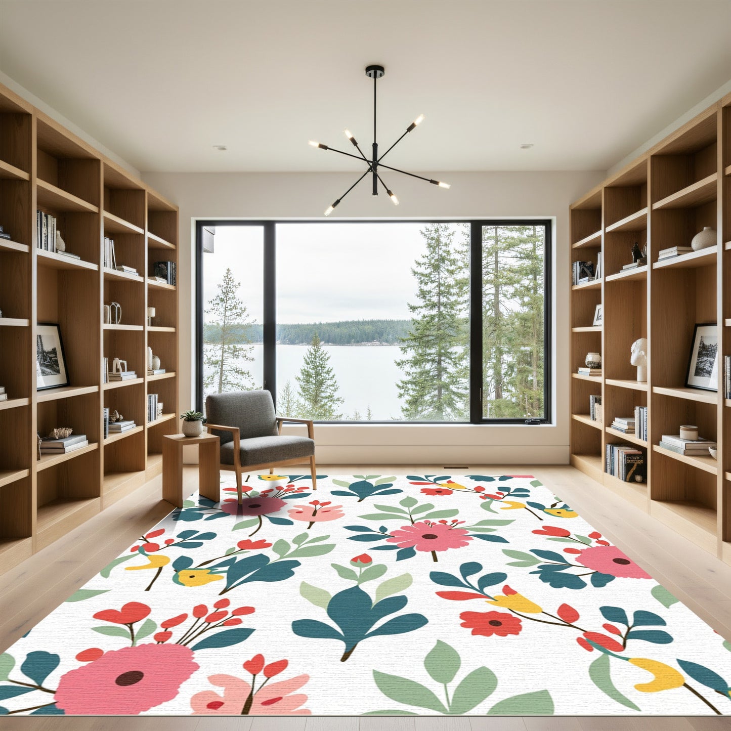 Whimsical Pink Red Yellow Floral Spray Rug