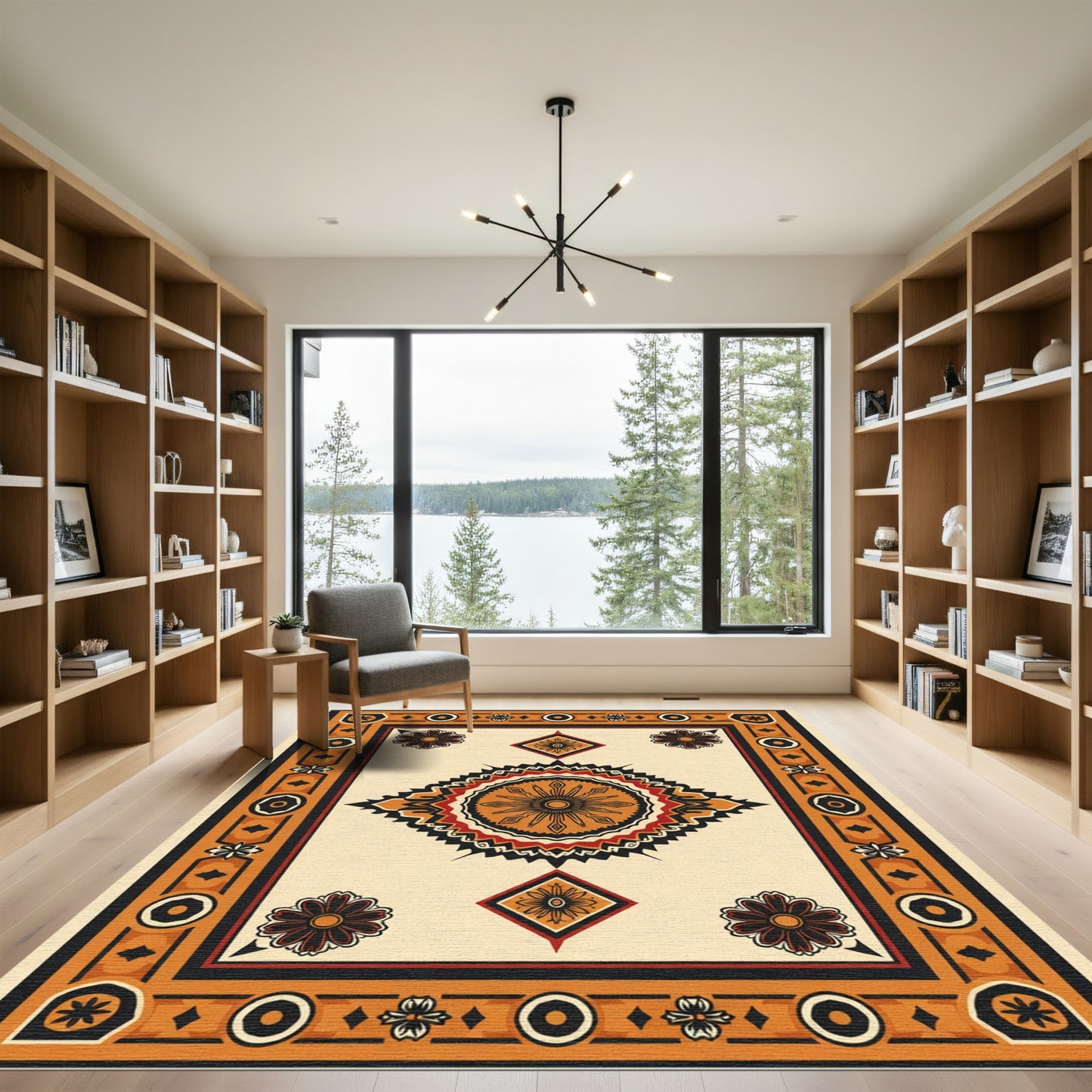 Bold Sunburst Medallion Orange Border Rug