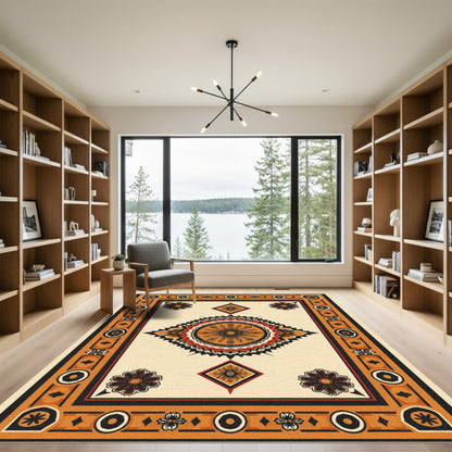 Bold Sunburst Medallion Orange Border Rug