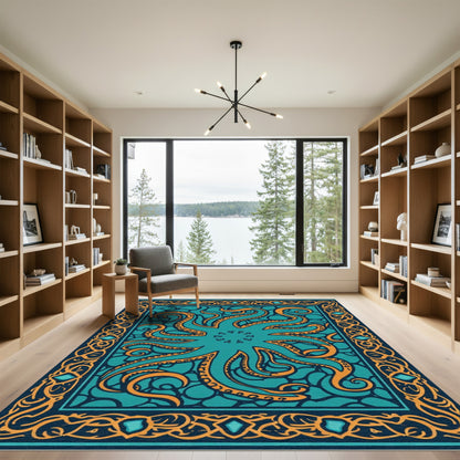 Teal Orange Octopus Tentacle Border Rug