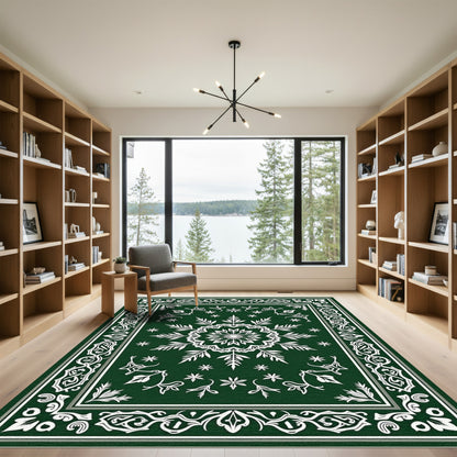 Forest Green Elaborate Snowflake Frame Rug