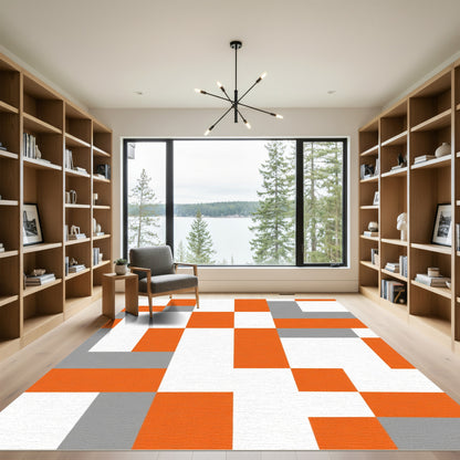 Orange White Gray Geometric Squares Rug