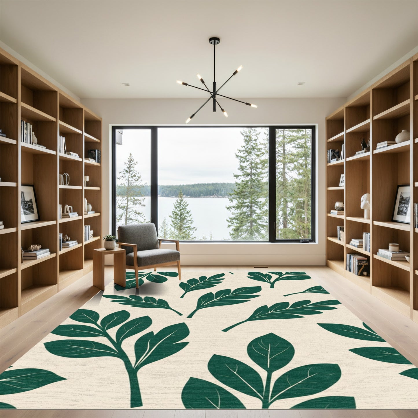 Deep Emerald Leaf Branches Cream Rug
