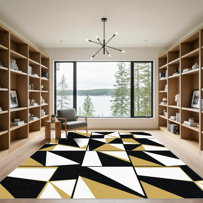 Gold Black White Geometric Abstraction Rug