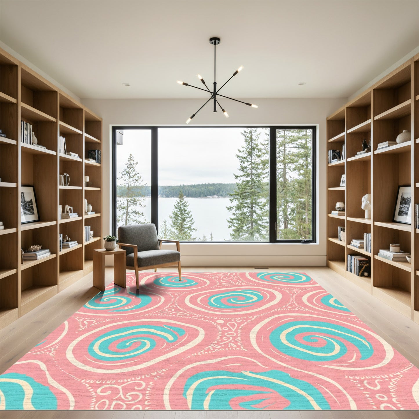 Coral Pink Teal Swirl Roundel Rug