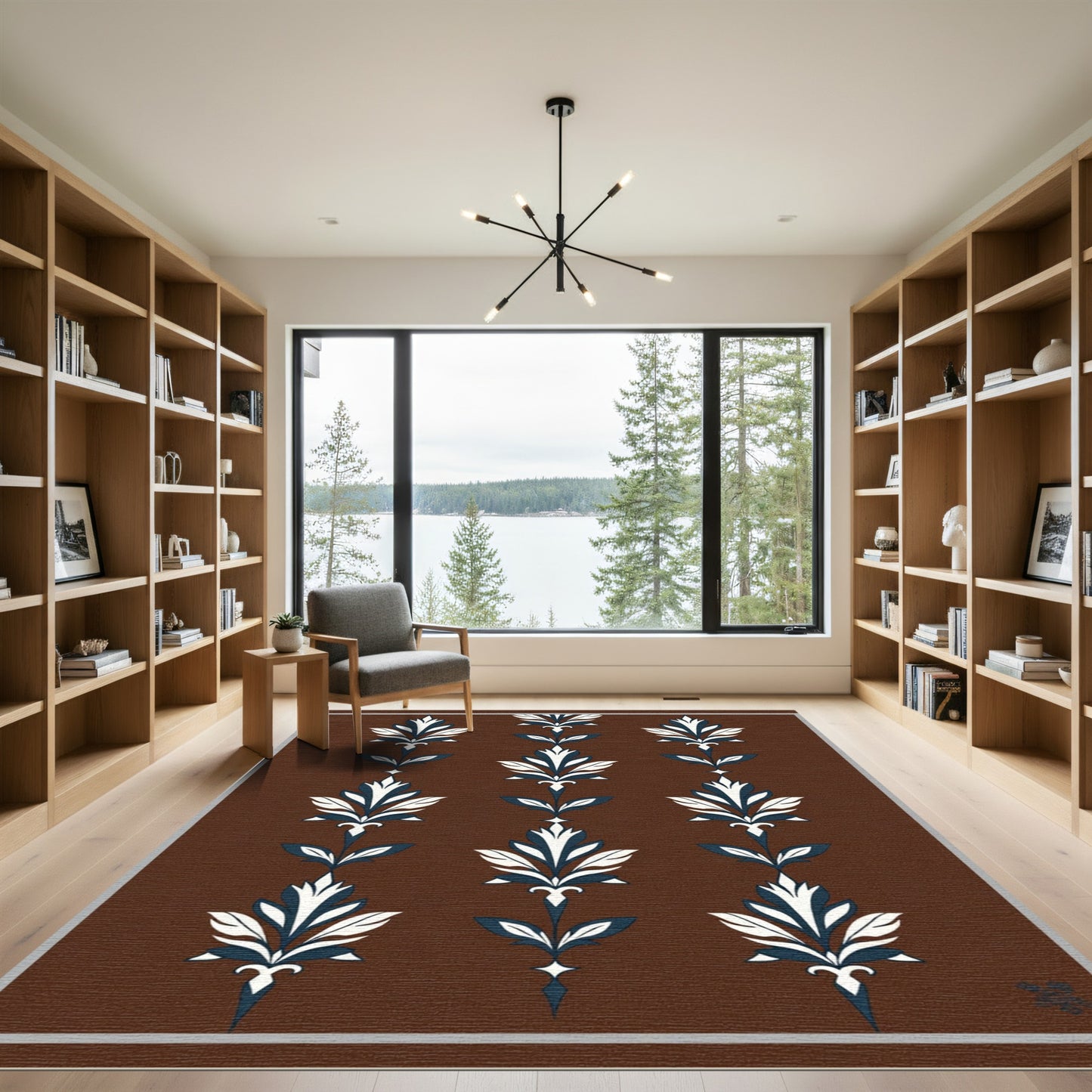 Dark Brown Leafy Botanical Scroll Rug