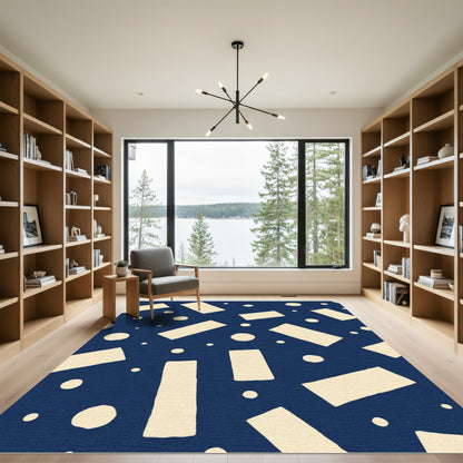 Cream Rectangles Scattered Dots Navy Rug