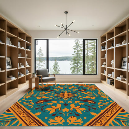 Amber Teal Floral Medallion Brocade Rug