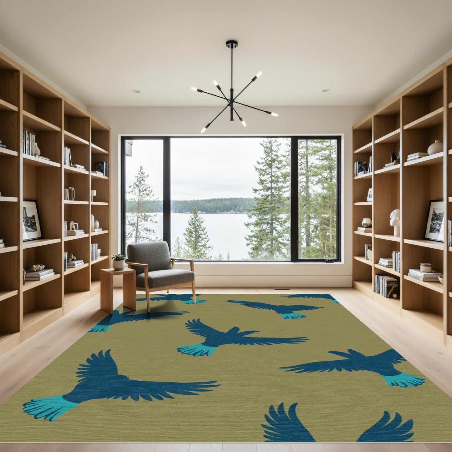 Deep Blue Flying Birds Khaki Background Rug