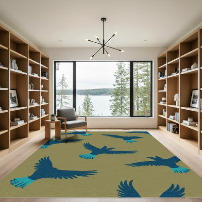 Deep Blue Flying Birds Khaki Background Rug