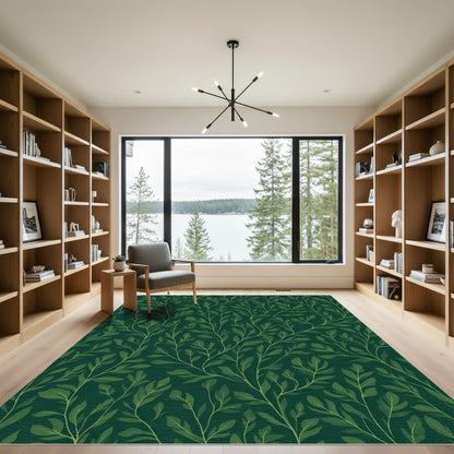 Deep Green Leafy Vine Pattern Rug