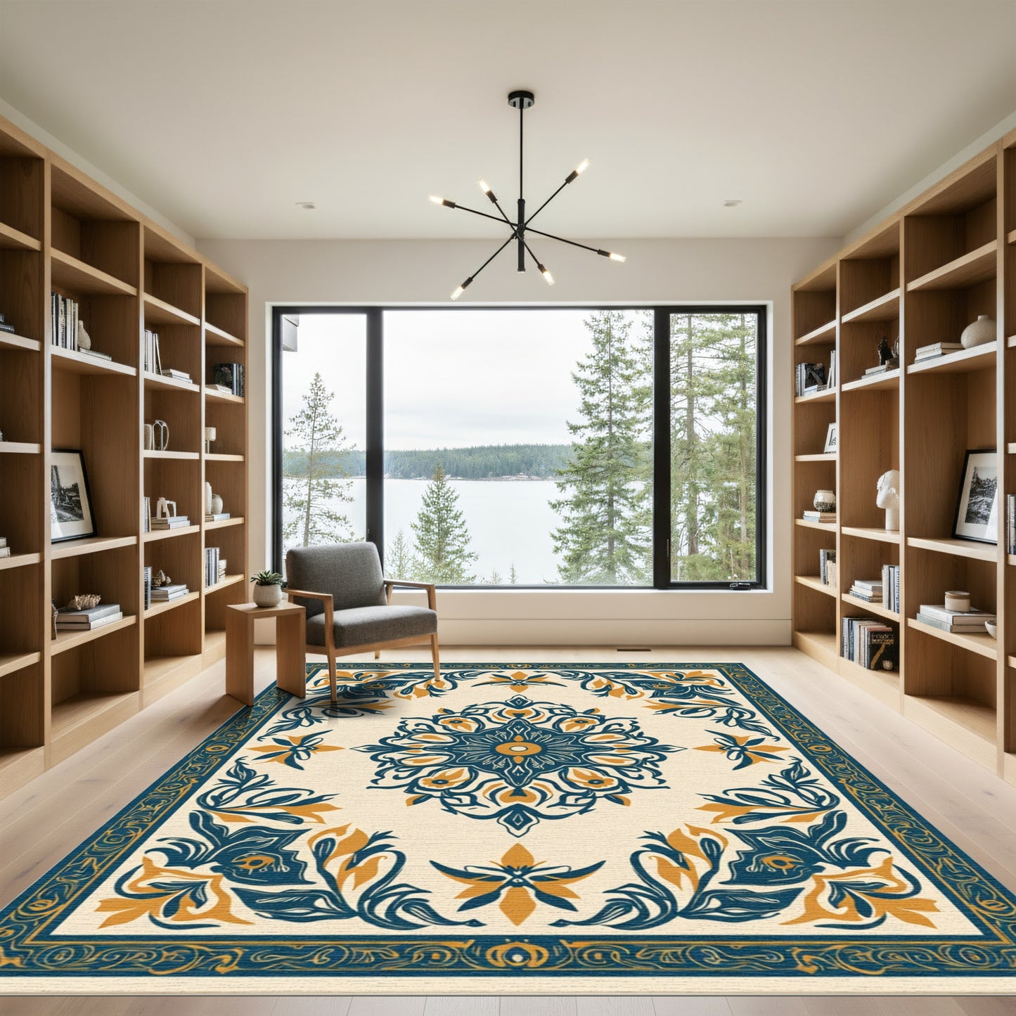 Navy Gold Floral Medallion Border Rug