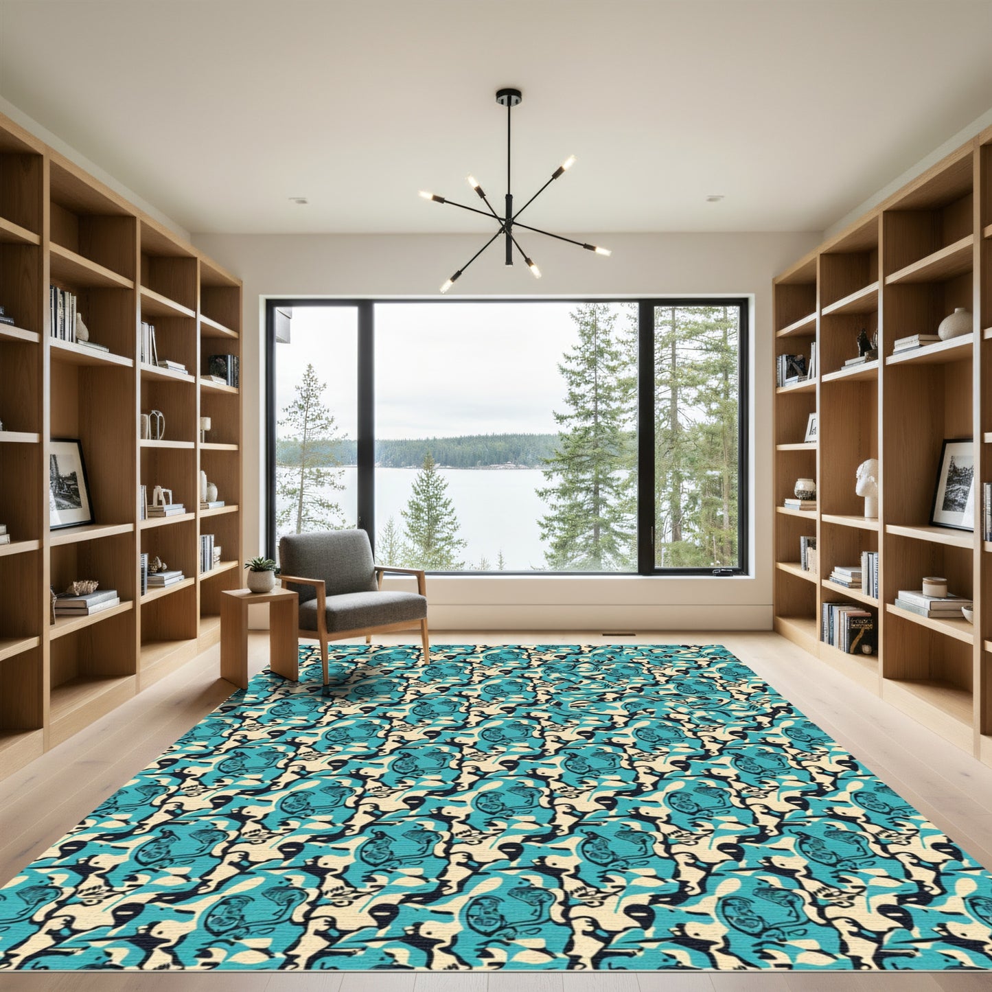 Teal Black Abstract Camouflage Faces Rug