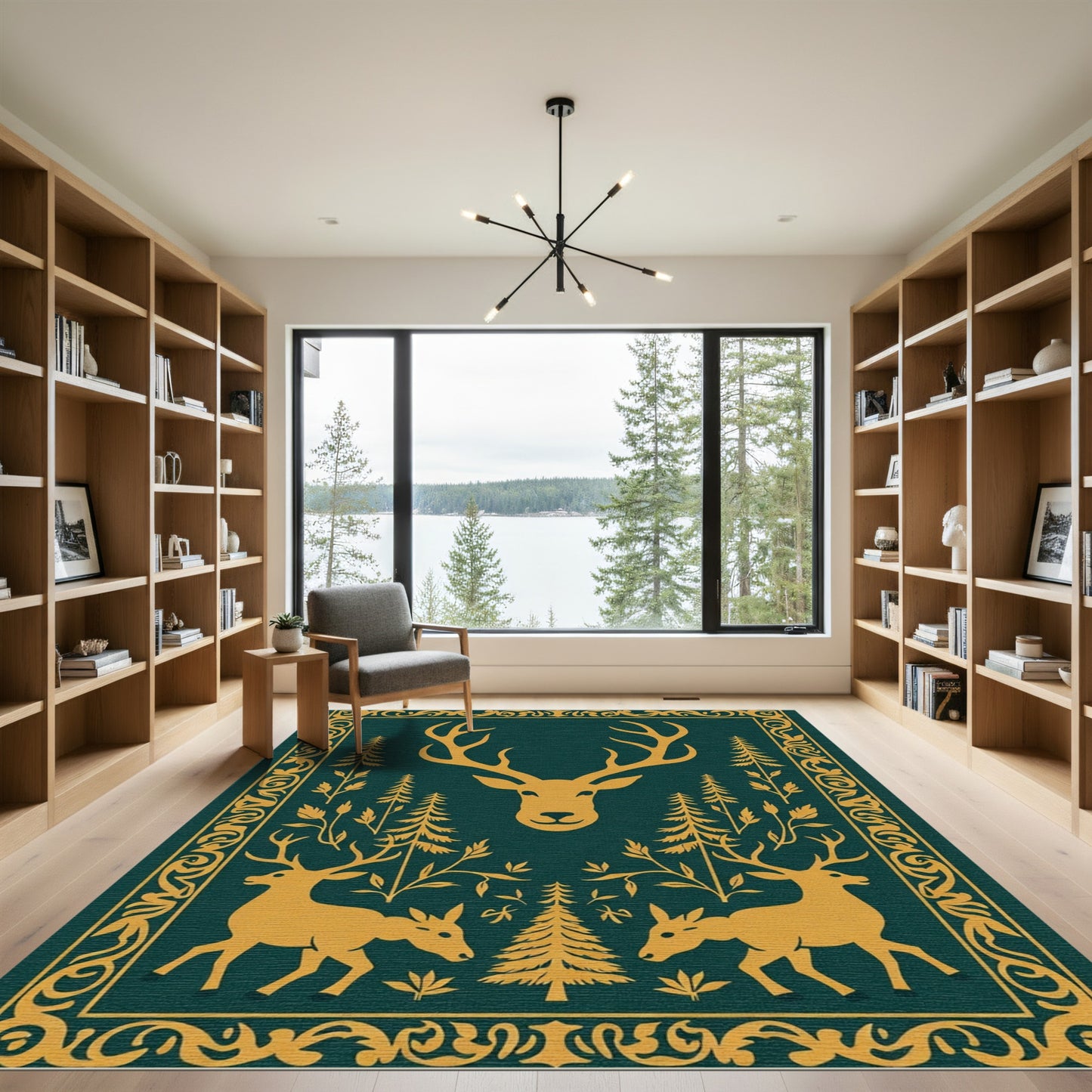 Golden Stag Forest Scene Rug