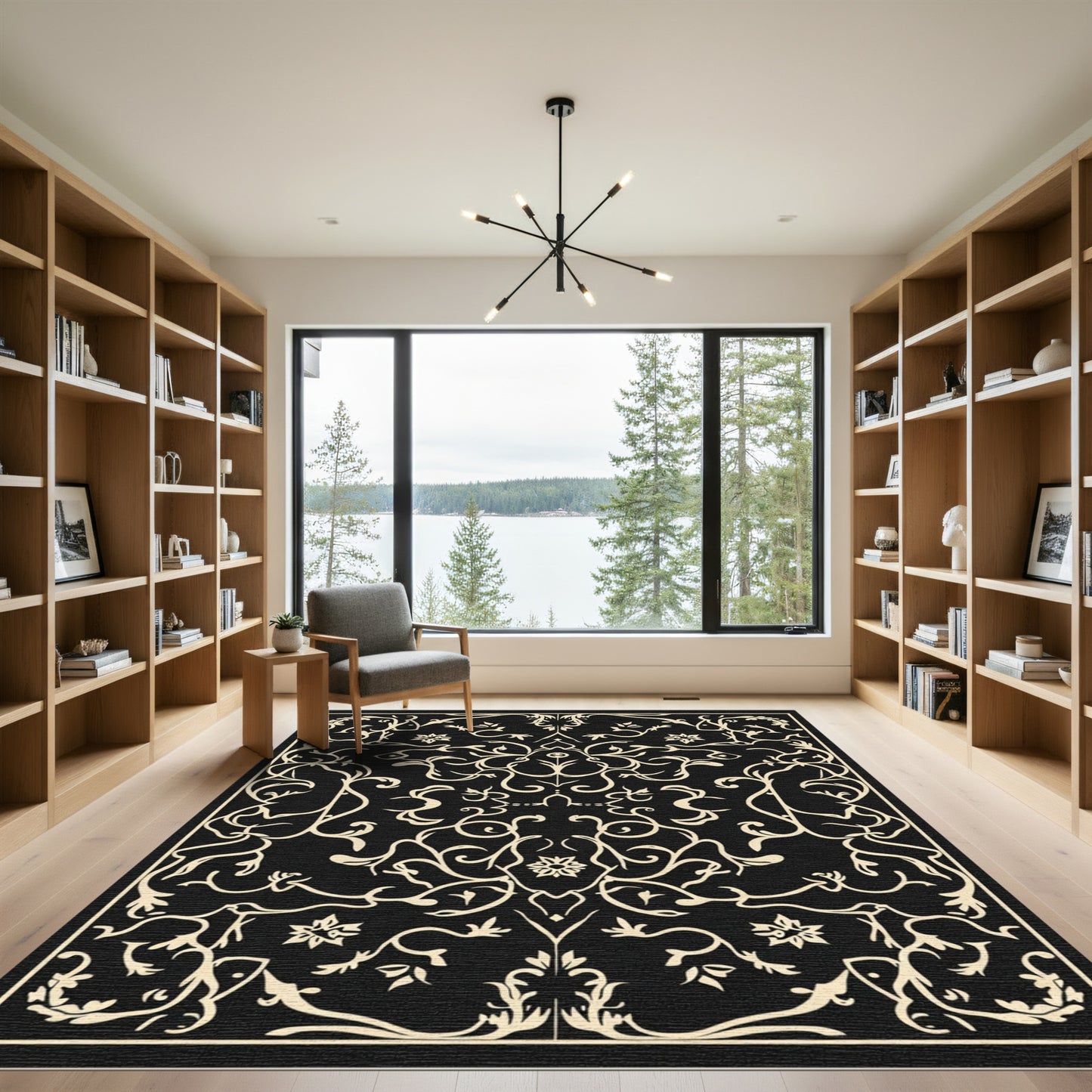 Cream Black Floral Arabesque Rug