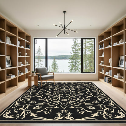 Cream Black Floral Arabesque Rug