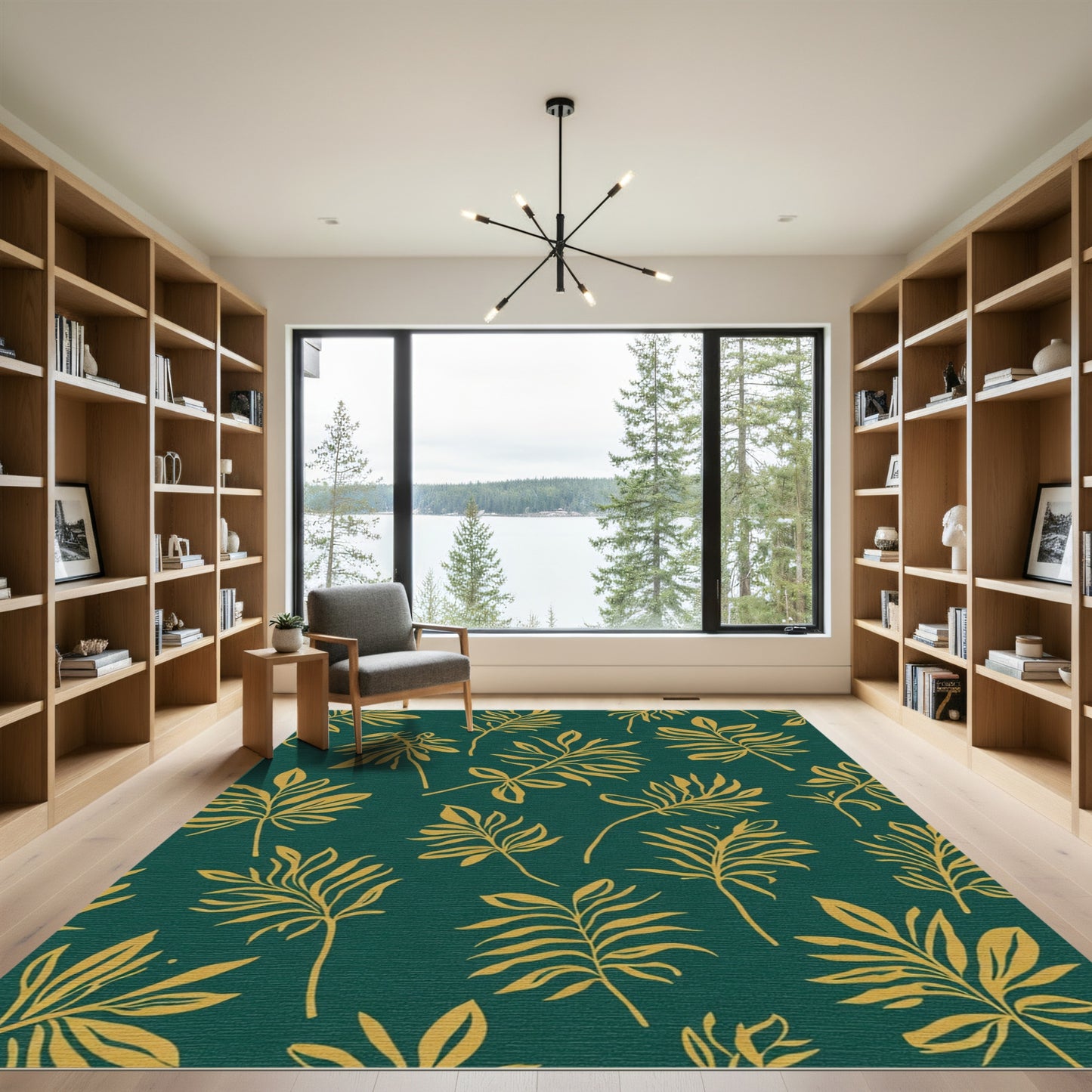 Emerald Green Gold Tropical Foliage Rug