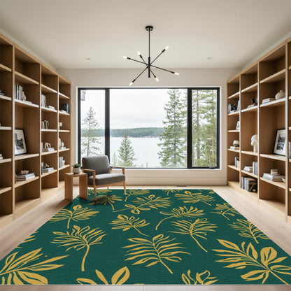 Emerald Green Gold Tropical Foliage Rug