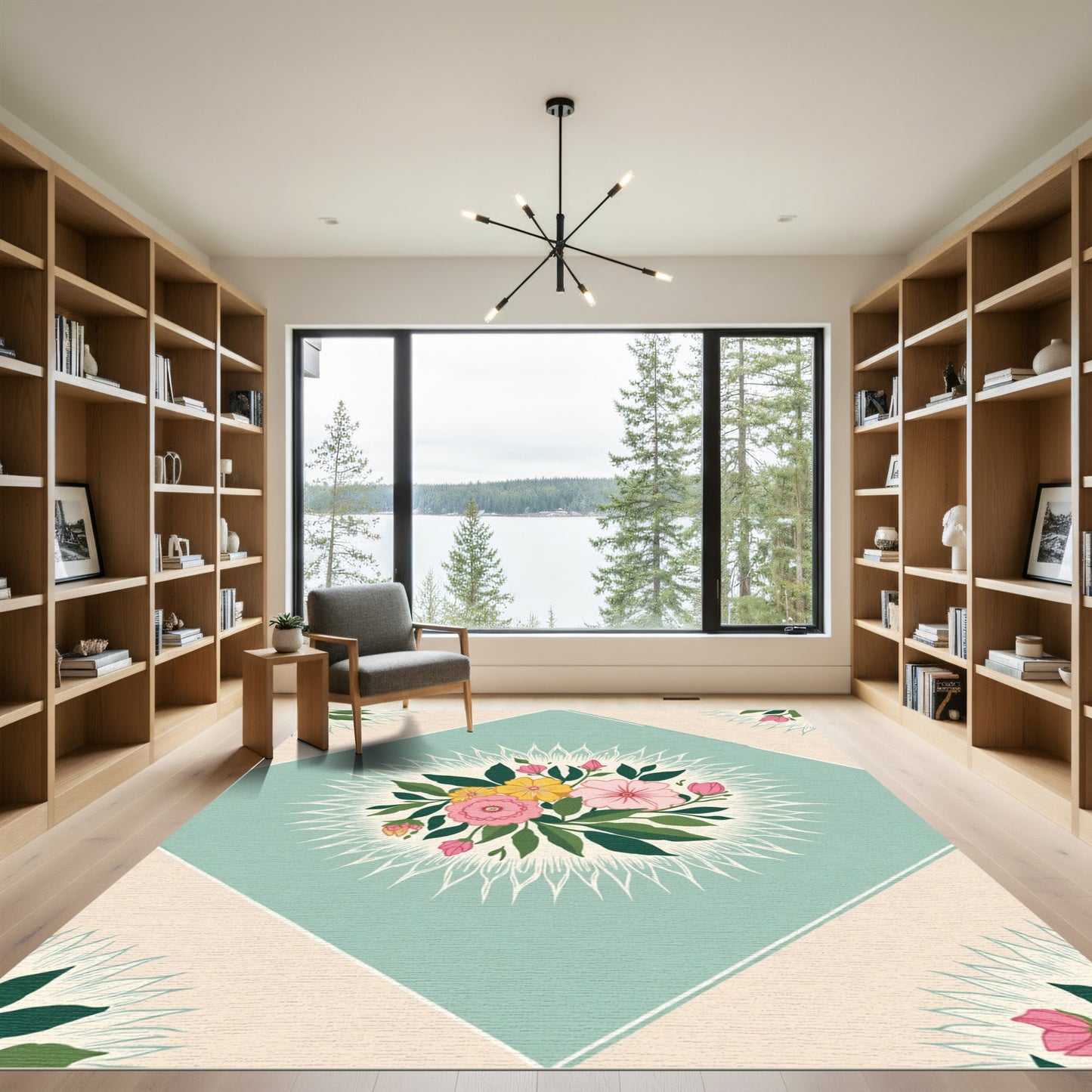Soft Teal Pink Yellow Floral Medallion Rug