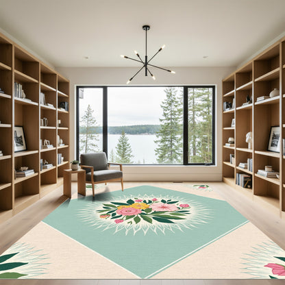 Soft Teal Pink Yellow Floral Medallion Rug